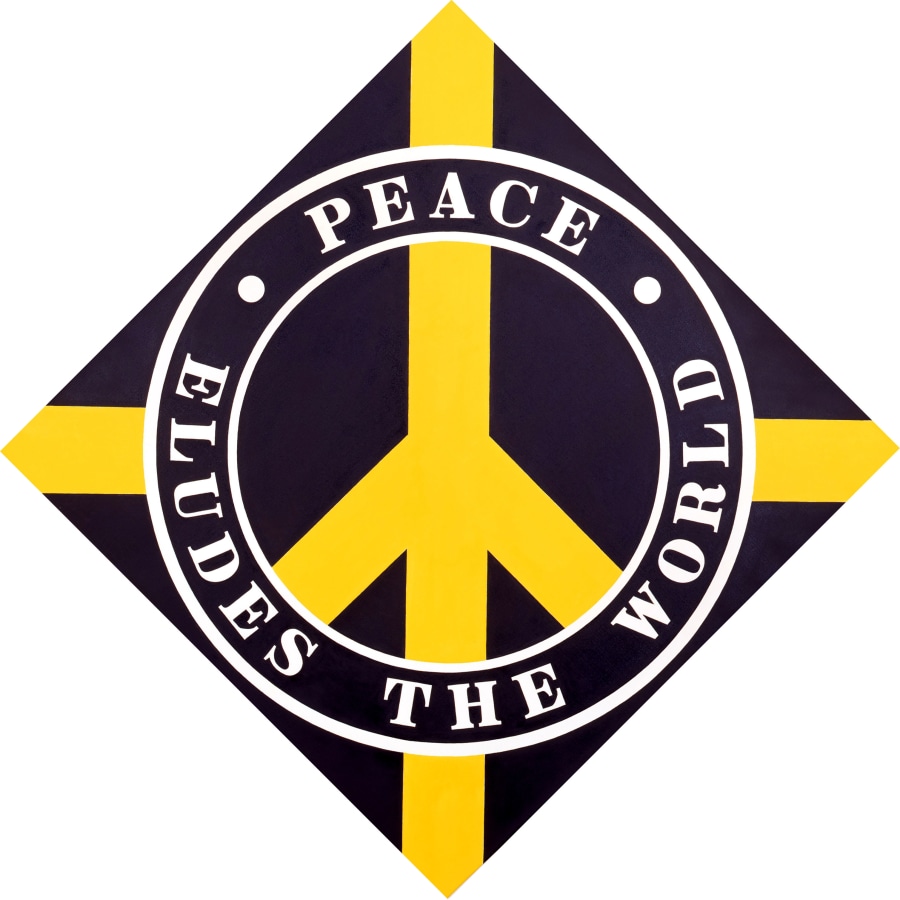 A diamond shaped black painting with a yellow peace sign. The ring around the peace sign is black with a white inner and outer outline. In it the work's title, "Peace Eludes the World," is painted in white letters. The word "peace" appears on the top half, and "eludes the world" appears on the bottom half. A small white circle has been painted on each side of the word "peace." Yellow rectangular bands of paint go from the outer edge of the circle to each corner of the triangle.