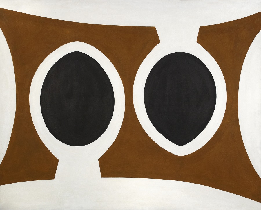 A painting of two black avocado seed shapes silhouetted by brown planes of color against a white background