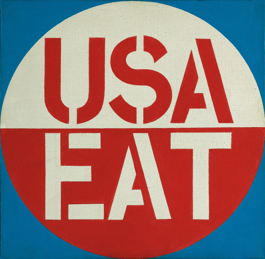 A square painting with a blue ground and dominated by a large circle. The top half of the circle is white and has USA painted in red stenciled letters. The bottom half is red and has the word EAT painted in white stenciled letters.