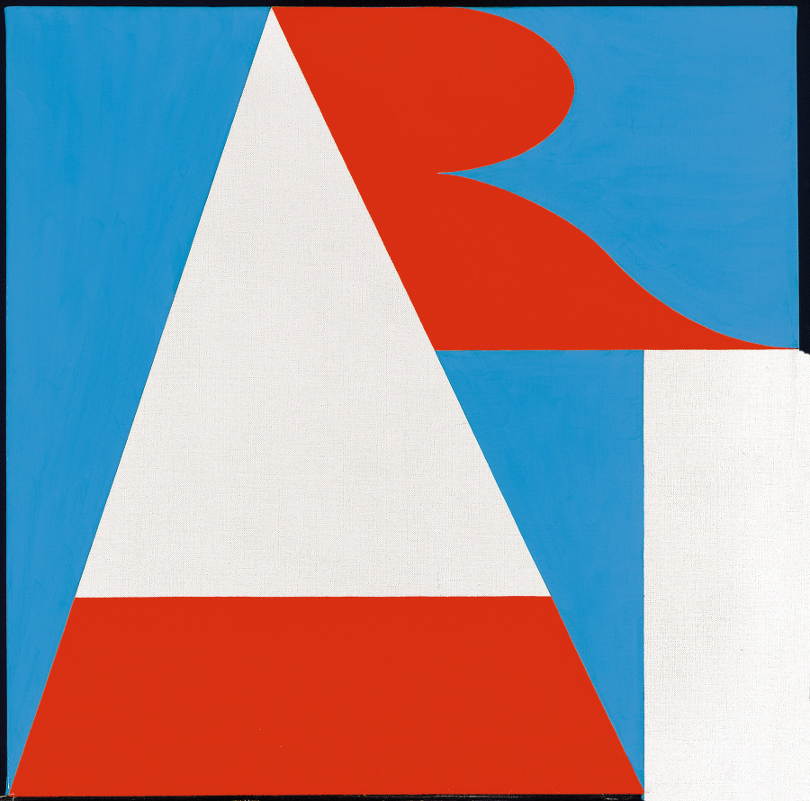 ART is a 24 inch square painting with a blue background spelling the word art. A red and white letter "A” forms a supporting structure that the red “R” and a white “T” lean against.