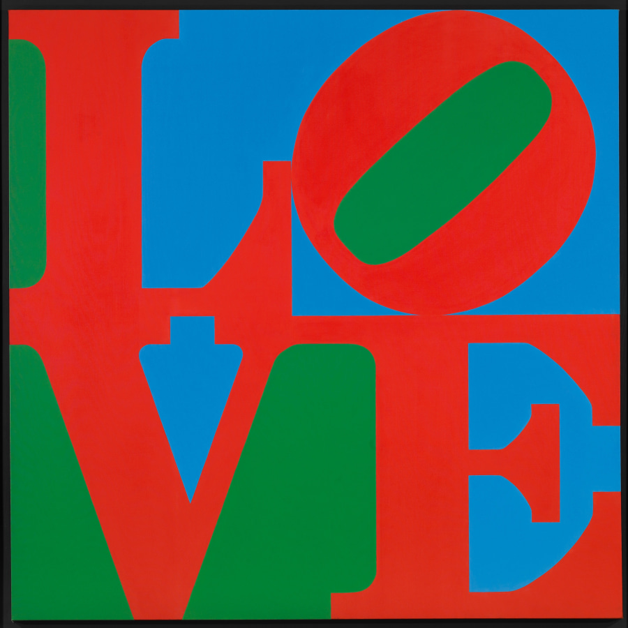 A square painting with the red letters L and a tilted O stacked above the letters V and E, against a green and blue background.