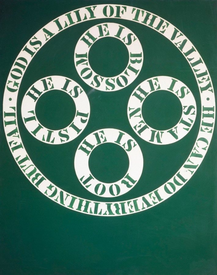 God Is a Lily of the Valley, a painting with a large circle around four smaller circles on a green background. Each contains green stenciled text in a white ring. The outer circles reads "God is a lily of the valley. He can do everything but fail. The smaller circles read "He is blossom," "He is stamen," "He is root," and "He is pistil."
