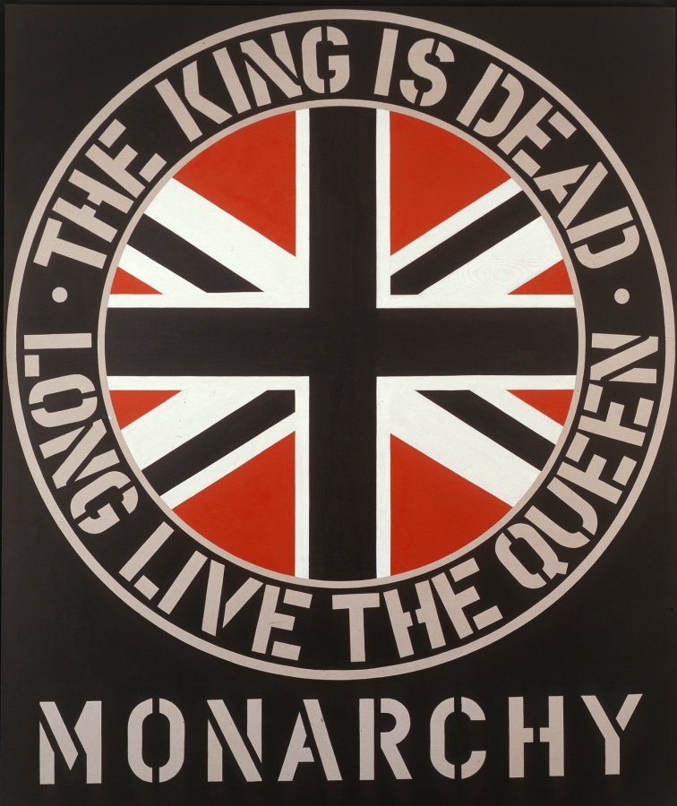 A black canvas with the title, Monarchy, painted in beige stenciled letters across the bottom. Above is a circle, with the Union Jack in the center, surrounded by a black ring with beige outlines. inside the ring is the beige stenciled text "The King is dead. Long live the Queen."