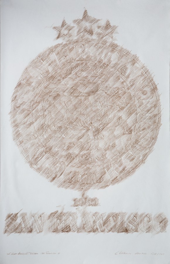 A 40 by 26 inch conte crayon on paper rubbing. A circle with the text The Great American Dream in the outer ring contains image of a steer. Above the circle are three stars, below the circle the year 1969 and San Francisco.