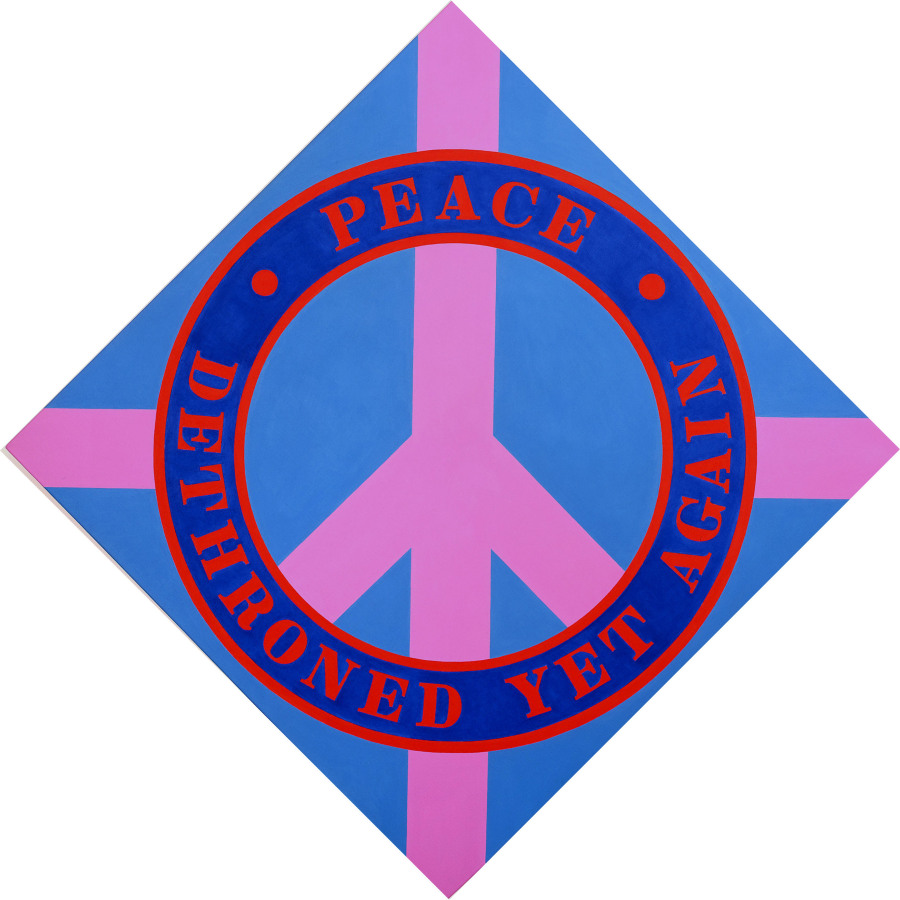 A 50 1/2 by 50 1/2 diamond shaped light blue painting with a lilac peace sign within a circle. The ring around the sign is dark blue with red outlines. In it the work's title, "Peace Dethroned Yet Again," is painted in red letters. "Peace" appears on the top half, and "Dethroned Yet Again" appears on the bottom half. A small red circle has been painted on each side of the word "Peace." Lilac rectangular bands of paint go from the outer edge of the circle to each corner of the triangle.