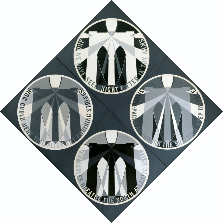 A diamond shaped canvas consisting of four panels, each containing a grisaille image of the Brooklyn Bridge within a circle, captured at different times of the day, against a dark gray ground. Each circle contains light gray text wrapping around the inner edge of the ring. The text reads “And we have seen night lifted in thy arms,” “Silver paces as though the sun took step of thee,” They cables breathe the North Atlantic still,” and “How could mere toil align thy choiring strings.”