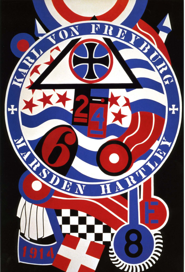 A black, blue, red, and white painting with a circle surrounded by a blue ring with text dominating the upper two thirds of the canvas. In the upper half of the ring "Karl von Freyburg" has been painted in white stenciled letters, and in the lower half "Marsden Hartley." Within the circle is a black iron cross in a blue circle in a white triangle with a black outline, as well as other World War I motifs and references to the soldier Karl von Freyburg, including a red numeral six and the number 24, the 2 painted in red against black and the four in blue against red. More motifs and references appear in the bottom third of the painting, including the flag of St. George, the date 1914 in red on a blue background, a blue letter E in a red circle, and a black numeral 8 in a blue circle.