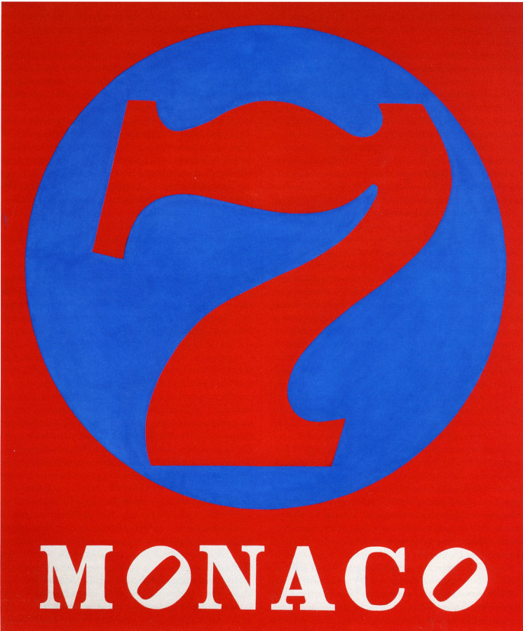 A 60 by 50 inch painting with a red ground. The work's title, Monaco, is painted in white letters across the bottom of the canvas. Both of the letter "o"s are tilted. Above is a large blue circle with a red number seven.