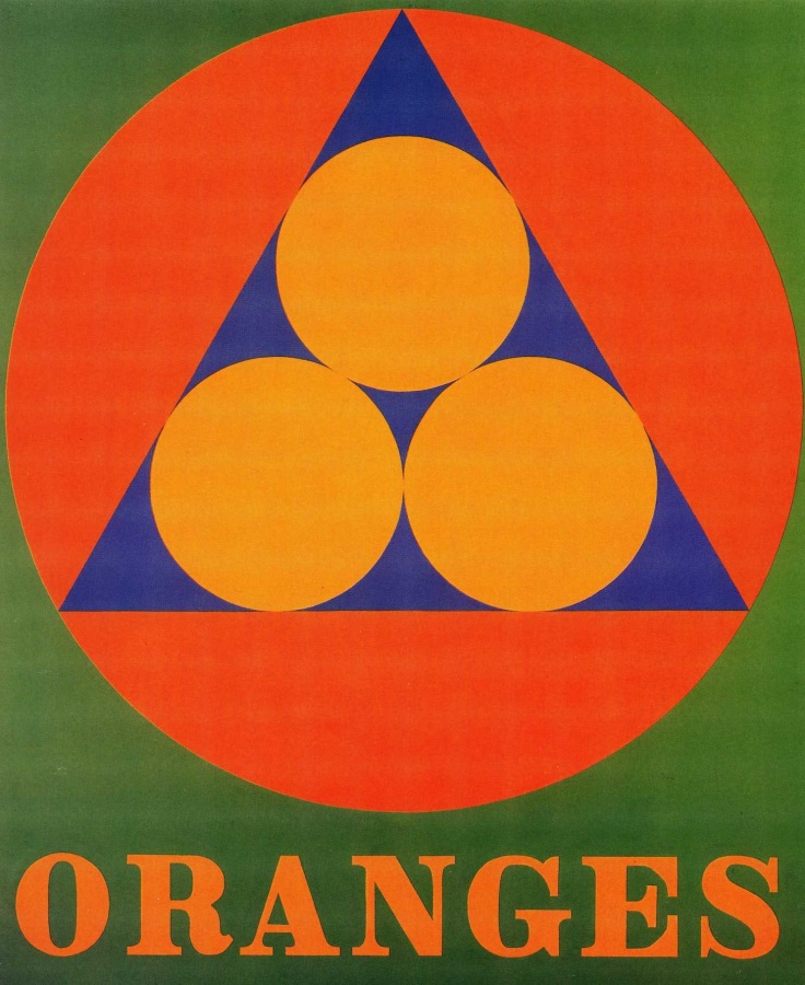 A rectangular painting with a green ground and the title Oranges painted in orange along the bottom. Above the title is an orange circle containing a blue triangle with three lighter orange circles