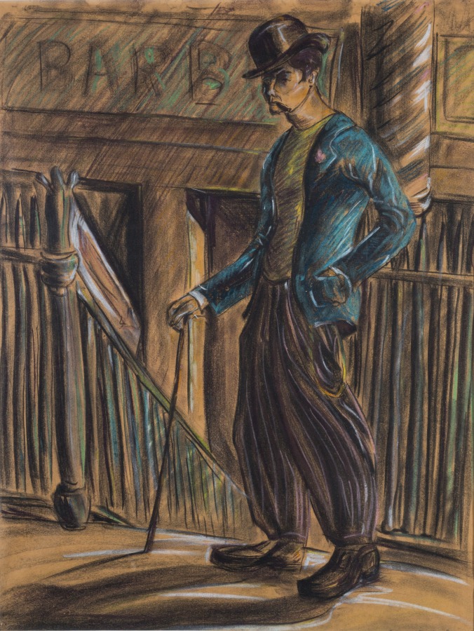 Drawing of a man smoking, wearing a hat and a blue jacket and using a walking stick. He stands next to a stairway leading to a barber shop.