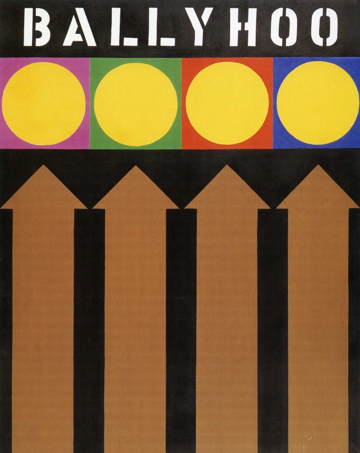 A rectangular painting with a black background. The word ballyhoo is painted in white stenciled letters across the top. Below are four yellow circles in squares of different colors. Below each square, is a brown arrow pointing up. The arrows occupy approximately two thirds of the canvas.