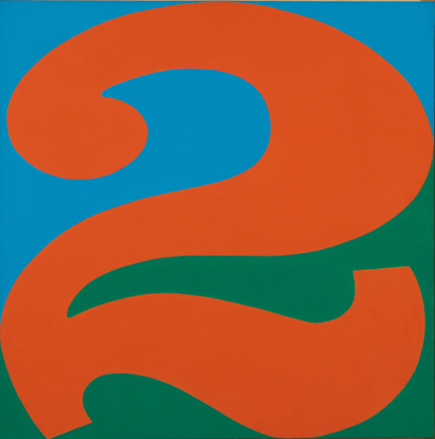 A square painting of a red numeral two against a blue and green ground