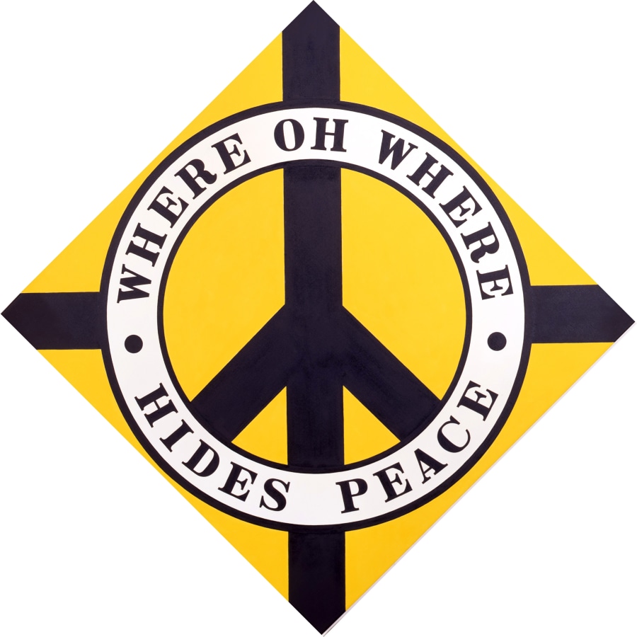 A diamond shaped yellow painting with a black peace sign. The ring around the peace sign is white with black outlines. In it the work's title, "Where Oh Where Hides Peace," is painted in black letters. "Where Oh Where" appears on the top half, and "Hides Peace" appears on the bottom half. A small black circle has been painted to the side of each "where." Black rectangular bands of paint go from the outer edge of the circle to each corner of the triangle.