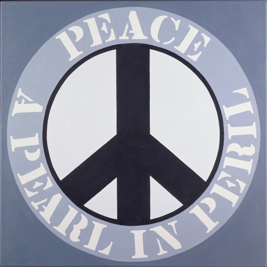 A square gray painting with a black peace sign in a white circle with a black outline. Surrounding the circle is a light gray ring with the painting's title "Peace a Pear in Peril" painted in white letters. "Peace" occupies the top part of the ring, and "A Pearl in Peril" is in the lower half.