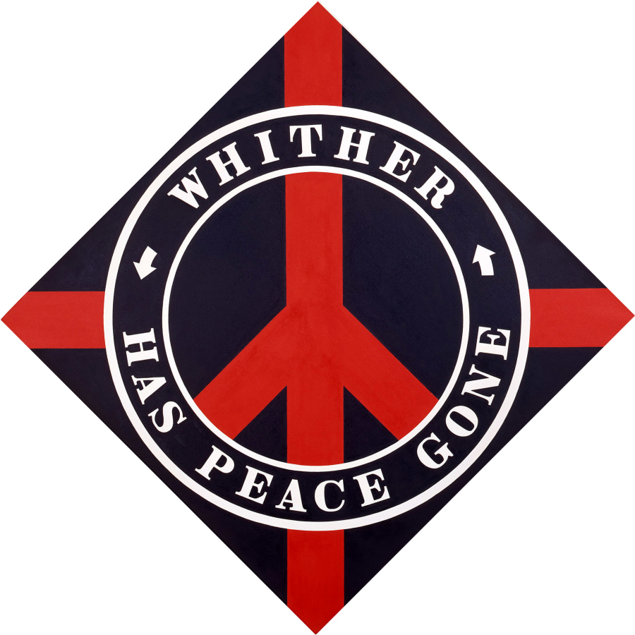 A 50 1/2 by 50 1/2 diamond shaped black painting with a red peace sign. The ring around the peace sign is black with a white inner and outer outline. In it the work's title, "Whither Has Peace Gone," is written in white letters. The word whither appears on the top half, and "has peace gone" appears on the bottom half. A white arrow pointing down appears between the words whither and has, and a white arrow pointing up appears between the words gone and whither. Red rectangular bands of paint go from the outer edge of the circle to each corner of the triangle.