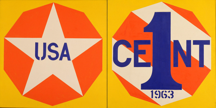 A diptych consisting of two square panels. The left panel contains a white star with USA painted in blue letters within a red decagon against a  yellow ground. The right panel contains a red and white diagonally striped decagon against a  yellow ground. Inside the decagon is a large blue numeral one, with the blue letters c and e to the left and the blue letters n and t to the right. Below the numeral one is the date 1963 in blue.
