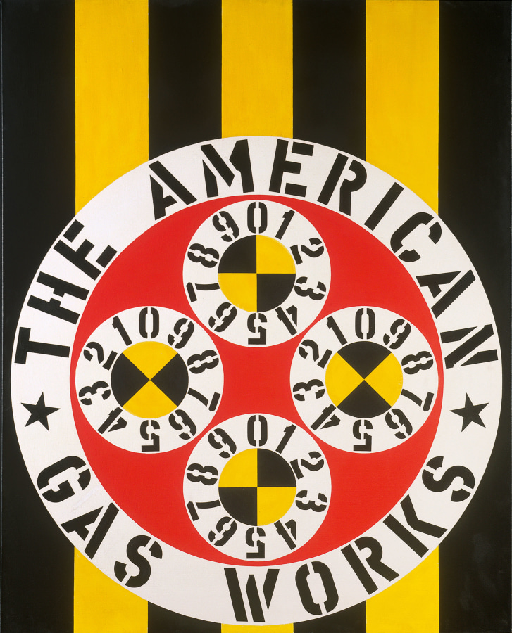 A painting of a large circular image against a background of yellow and black vertical stripes. A large red circle contains four smaller circles, each quartered into yellow and black diamonds and surrounded by white ring containing the numerals 0 through 9 painted in black. Surrounding the red circle is a white ring containing the painting's title "The American Gas Works," painted in black letters, and two small black stars.