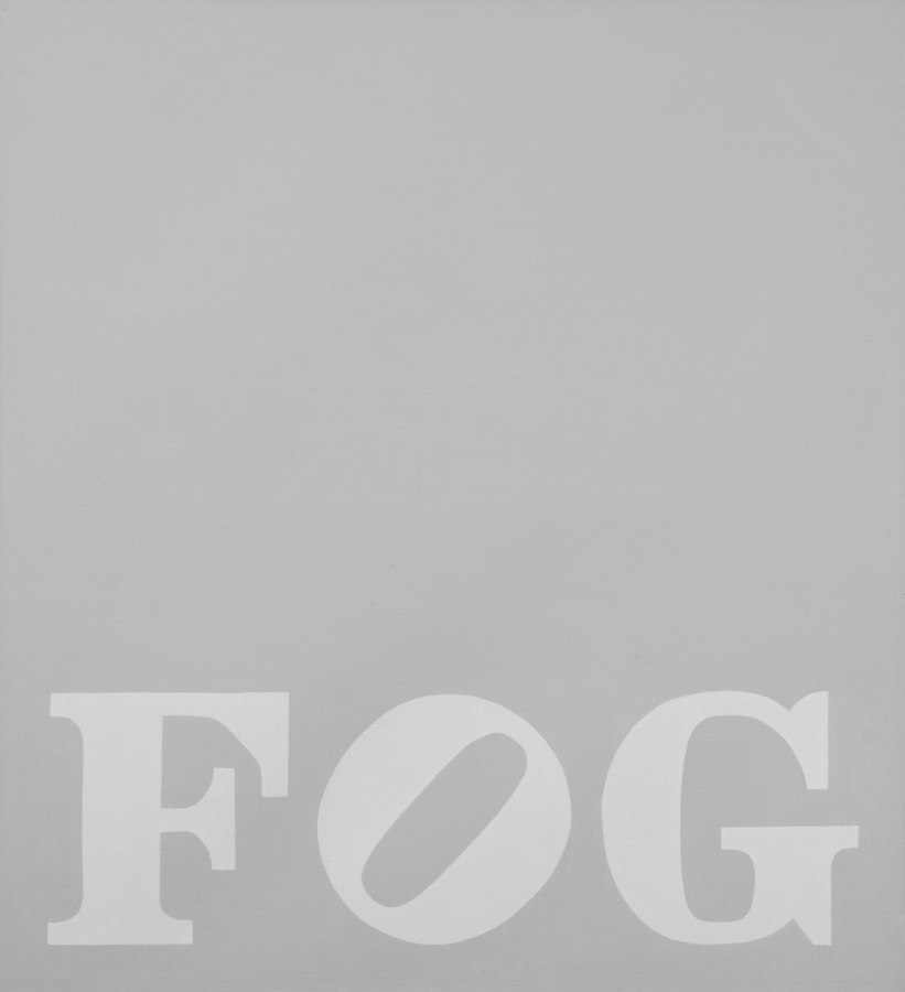 A gray painting with the title, Fog, painted in a lighter gray across the bottom of the canvas. The O of Fog is tilted.