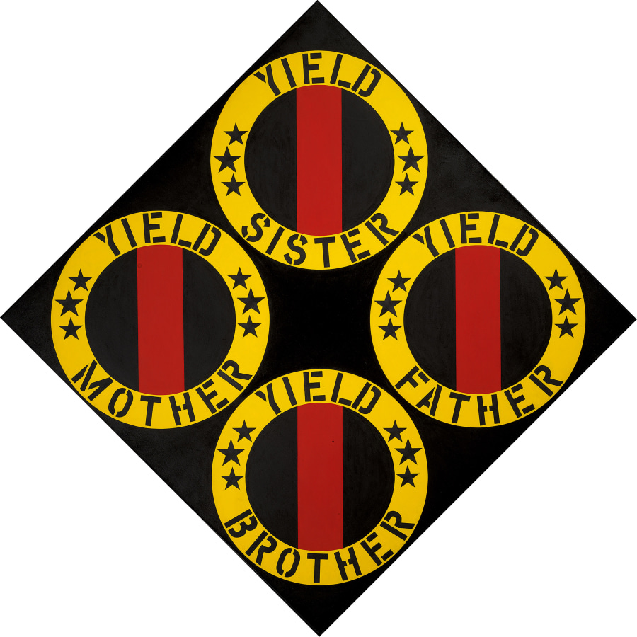 A black diamond shaped painting containing four black circles with a red vertical band surrounded by a yellow ring containing black text and six small black stars. The text in each ring reads, starting a top and going clockwise, "Yield Sister," "Yield Father," "Yield Brother," and "Yield Mother."