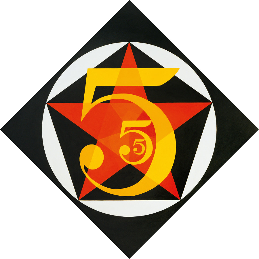 A diamond shaped painting consisting of a white circle against a black ground. Within this circle are three yellow number fives against a red star within a black pentagon.