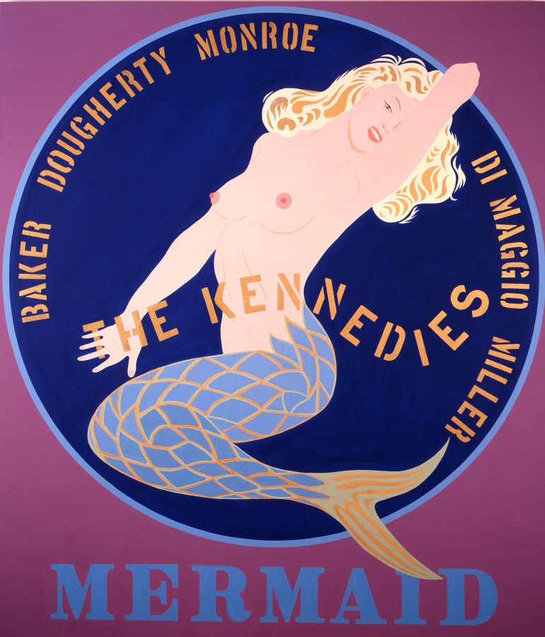 A 70 by 60 inch dusty rose canvas with the painting's title, Mermaid, painted in blue letters across the bottom. The work is dominated by a large blue circle with a light blue outline. In the circe is a topless Monroe featured as a mermaid, part of the tail extends beyond the circle. In the left part of the circle the names Baker, Dougherty, and Monroe are painted in yellow. In the right the names Di Maggio and Miller are painted in yellow. Across the center of the circle, over the image of Monroe, "The Kennedies" is painted in yellow letters.