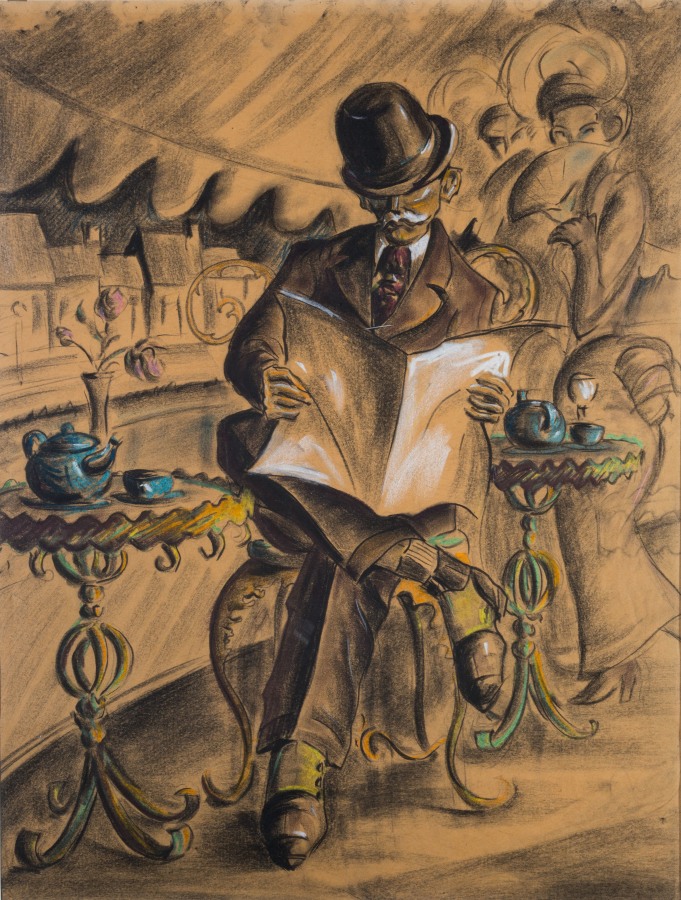 Drawing of a man dressed in a suit and hat reading a newspaper. To his right and left are tables with a blue teapot and a blue teacup. The table to his right also has a vase with flowers. Behind him are two women with feathered hats and fans. A city scene is visible in the background.