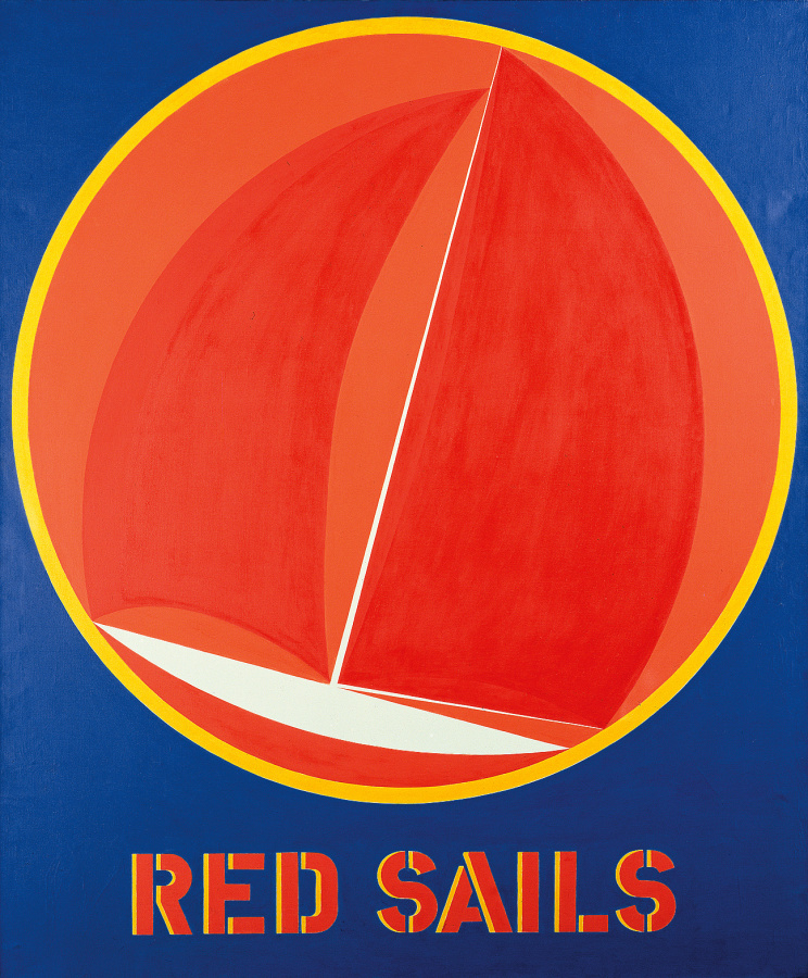 A painting with a blue ground and its title, Red Sails, in painted in red and yellow stenciled letters along the bottom of the work. Above the title is an orange circle with a yellow outline. Within the circle is a red and white sailboat.