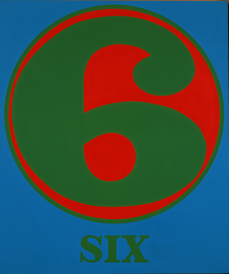 A 60 by 50 inch blue canvas dominated by a green numeral six within a red circle with a green outline. Below the circe the painting's title, "Six," is painted in green letters.