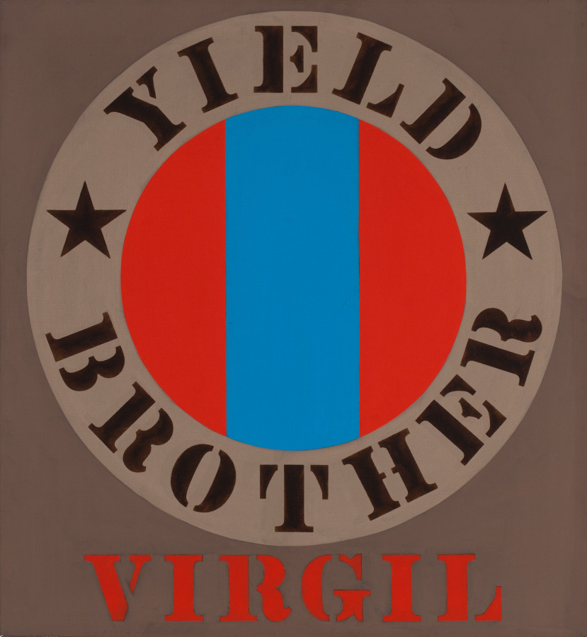 Yield Brother Virgil is a 24 by 22 inch brown painting with Virgil painted in red stenciled letters across the bottom center of the canvas. Above it is a red circle with a blue vertical band, surrounded by a lighter brown ring with the words "Yield" and "Brother" painted in a black stencil, and a black star in between the words.