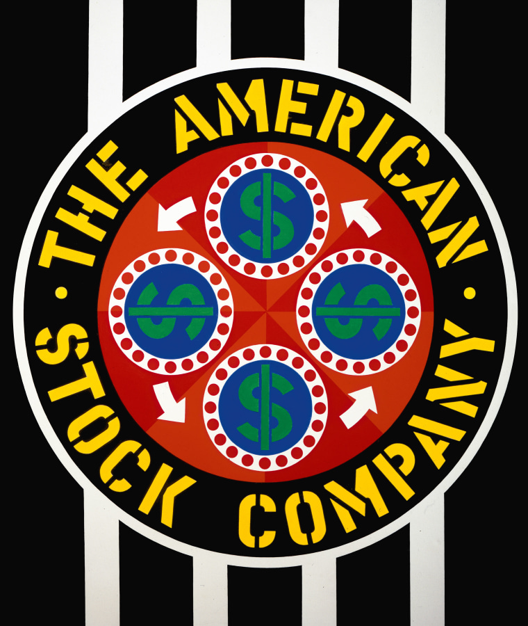 Painting dominated by a large circle against a black and white striped background. The outer ring of the circle contains the title, The American Stock Company, written in yellow stenciled letters. Inside this circle are four smaller ones, each containing a green dollar sign against a blue background, within a white ring containing tiny red dots. In between the four small circles are white arrows.