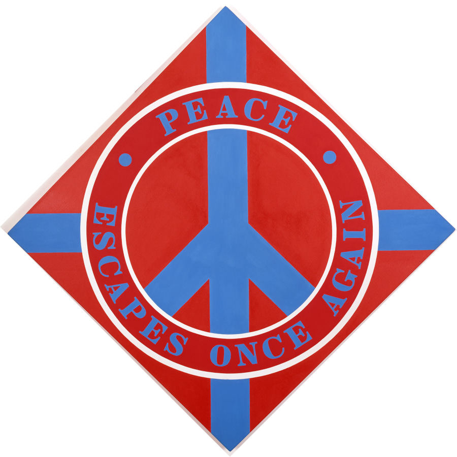 A 50 1/2 by 50 1/2 diamond shaped red painting with a blue peace sign. The ring around the sign is red with white outlines. In it the work's title, "Peace Escapes One Again," is painted in blue letters. "Peace" appears on the top half, and "Escapes Once Again" appears on the bottom half. A small blue circle has been painted on each side of the word "Peace." Blue rectangular bands of paint go from the outer edge of the circle to each corner of the triangle.