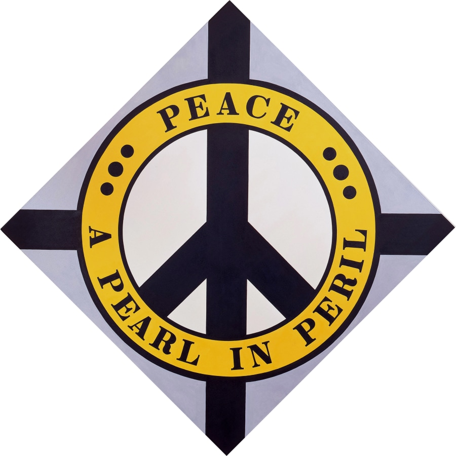 A diamond shaped painting with a black peace sign in a white circle surrounded by a yellow ring containing the painting's title, "Peace A Pear in Peril" in black letters. The word peace, with three small circles to each side, appears in the top half of the ring, and "a pear in peril" appears in the bottom half. The background is light gray, with black bands of paint coming from the outer ring of the circle to each corner of the diamond.