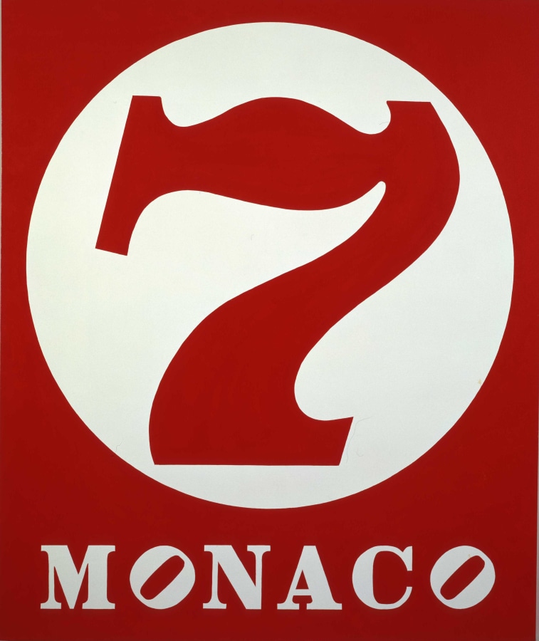A rectangular painting with a red ground. Monaco has been painted in white letters across the bottom of the canvas, both of the letter "o"s are tilted. Above this is a large white circle with a red numeral seven inside.
