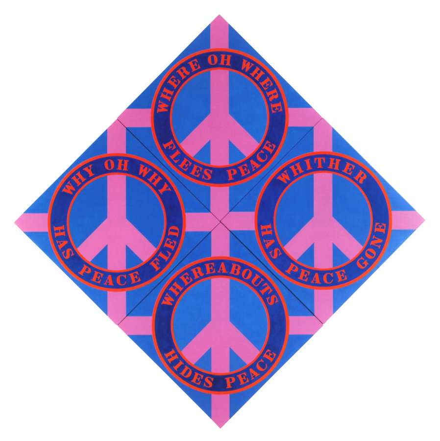 A diamond shaped painting comprised of four panels with a blue ground, each dominated by a pink peace sign facing upwards surrounded by a dark blue ring with red outlines. The rings containing text in red, reading, clockwise from top: "Where Oh Where Flees Peace," "Whither Has Peace Gone," "Whereabouts Hides Peace," and "Why Oh Why Has Peace Fled." Pink bands have been painted from the edge of the ring to the corner of each panel. 