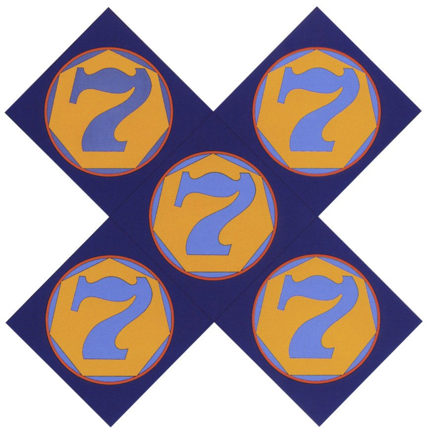 An X-shaped painting comprised of five identical panels with a dark blue ground, and dominated by a dark orange outlined circled containing a light orange heptagon with a light blue numeral seven.
