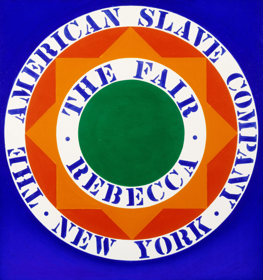 A blue painting with a green circle surrounded by a white ring containing the work's title, "The Fair Rebecca," painted in blue letters, in the center of the canvas. This is surrounded by an orange compass rose inspired design within an orange-red circle. Surrounding this is a white ring with the blue text "The American Slave Company New York."