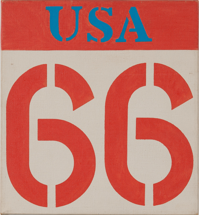 A painting dominated by the number 66 painted in red against a white ground. Above the 66 is a horizontal field of red with the USA painted in blue stenciled letters.