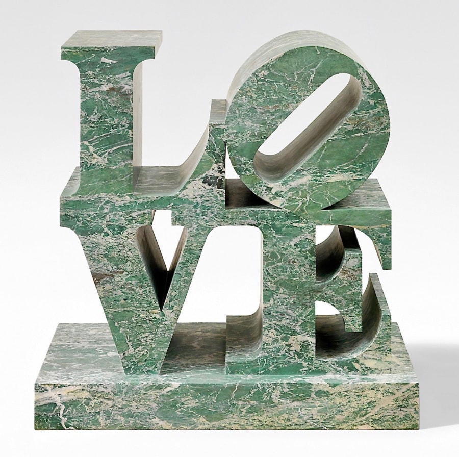 LOVE, a 62 13/16 by 62 15/16 by 35 5/8 inch, including the base, Malachite marble sculpture with the letters L and a tilted O stacked above the letters V and E.
