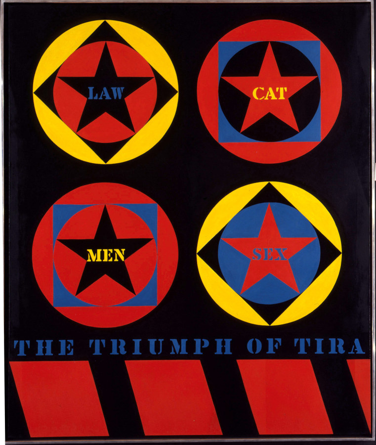 A red, yellow, black, and blue painting consisting of two rows of two orbs, each containing a star. Each star contains a word: law and cat in the top row and men and sex in the second row. Below the orbs is the painting's title, The Triumph of Tira, in blue stenciled letters, and a row of red and black danger stripes.