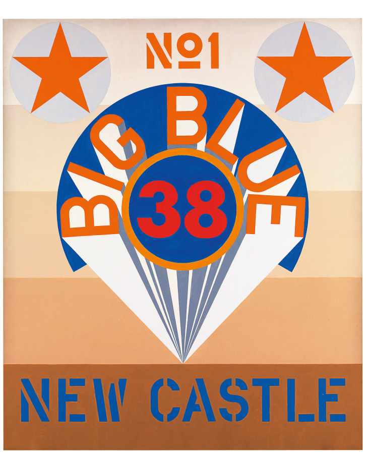 A canvas with a ground consisting of five horizontal stripes starting with beige at top and becoming increasingly darker. The darkest brown stripe at the bottom of the canvas contains the title, "New Castle" painted in stenciled blue letters.  In the center of the canvas is red number 38 in a blue circle with an orange outline. Above the circle is a a blue arc with "Big Blue" painted in orange letters. White and gray rays emanate from behind the letters, ending in a triangle below the circle. There is a white circle with an orange star at the top left and right of the canvas, in between this No 1 has been painted in orange.