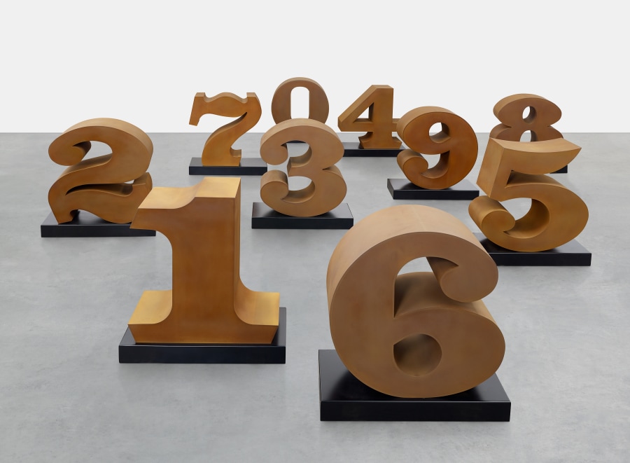Ten Cor-Ten steel sculptures of the numerals one through zero, each on a black painted aluminum base.