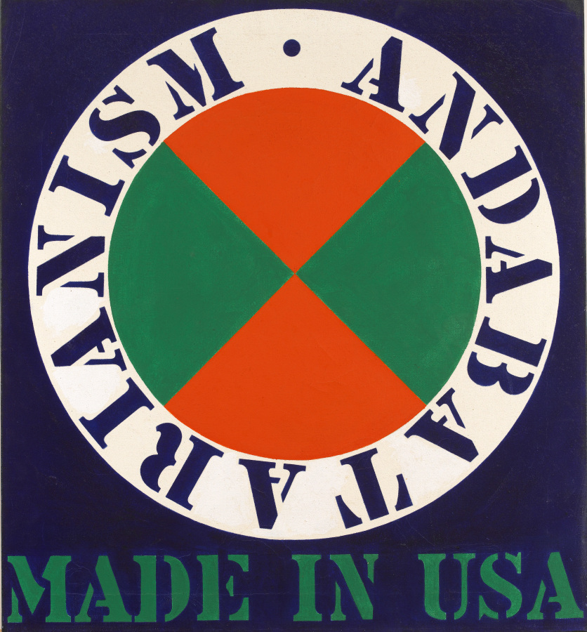 A painting with a circle dominating most of the canvas. The white outer ring of the circle contains blue stenciled text reading "Andabatarianism" and it encloses a design of red and green triangles. The painting's title, Made in USA, appears in green stenciled text across the lower edge of the work.