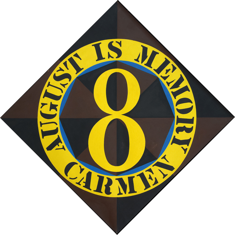 A diamond-shaped canvas, with the background divided into eight even segments, alternating black and dark brown triangles. At the center of the painting is a yellow numeral eight in an octagon, outlined in blue. surrounding the octagon is a yellow ring with the painted black stenciled text "August Is Memory Carmen."