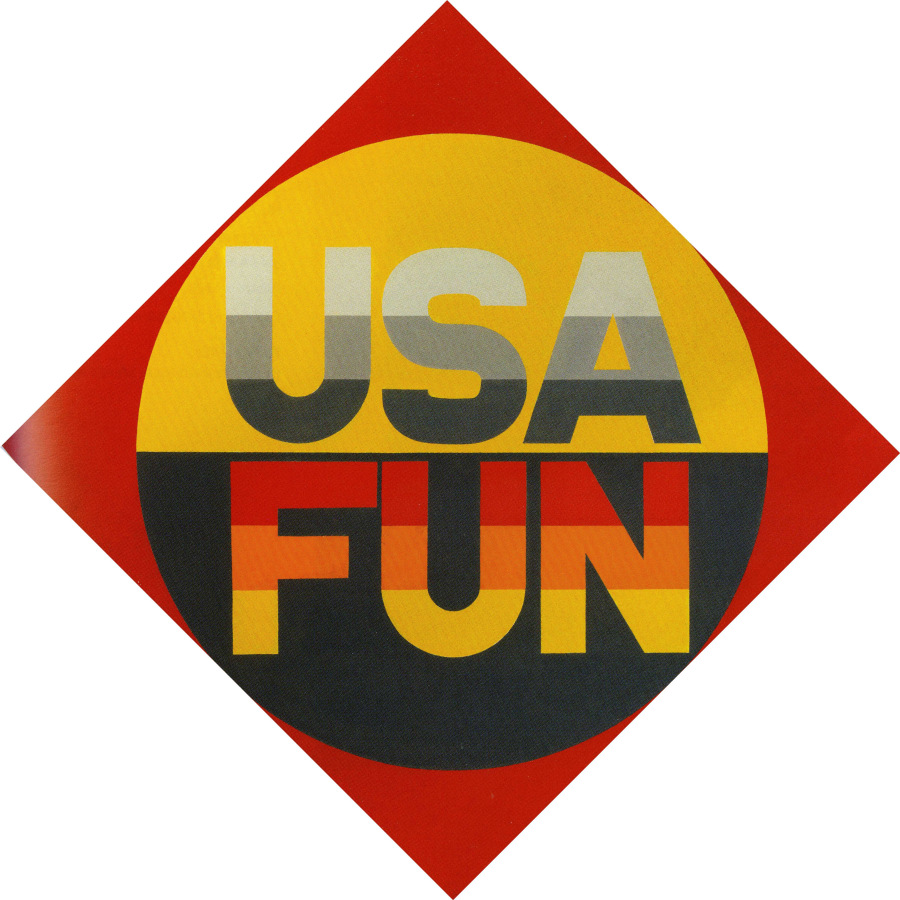 A diamond shaped painting with a large circle against an orange-red ground. The top half of the circle is yellow, with the text USA; each letter is three shades of gray, from lightest at top to darkest at bottom. The lower half of the circle is black, with the word fun, each letter consisting of a red, orange, and yellow stripes.
