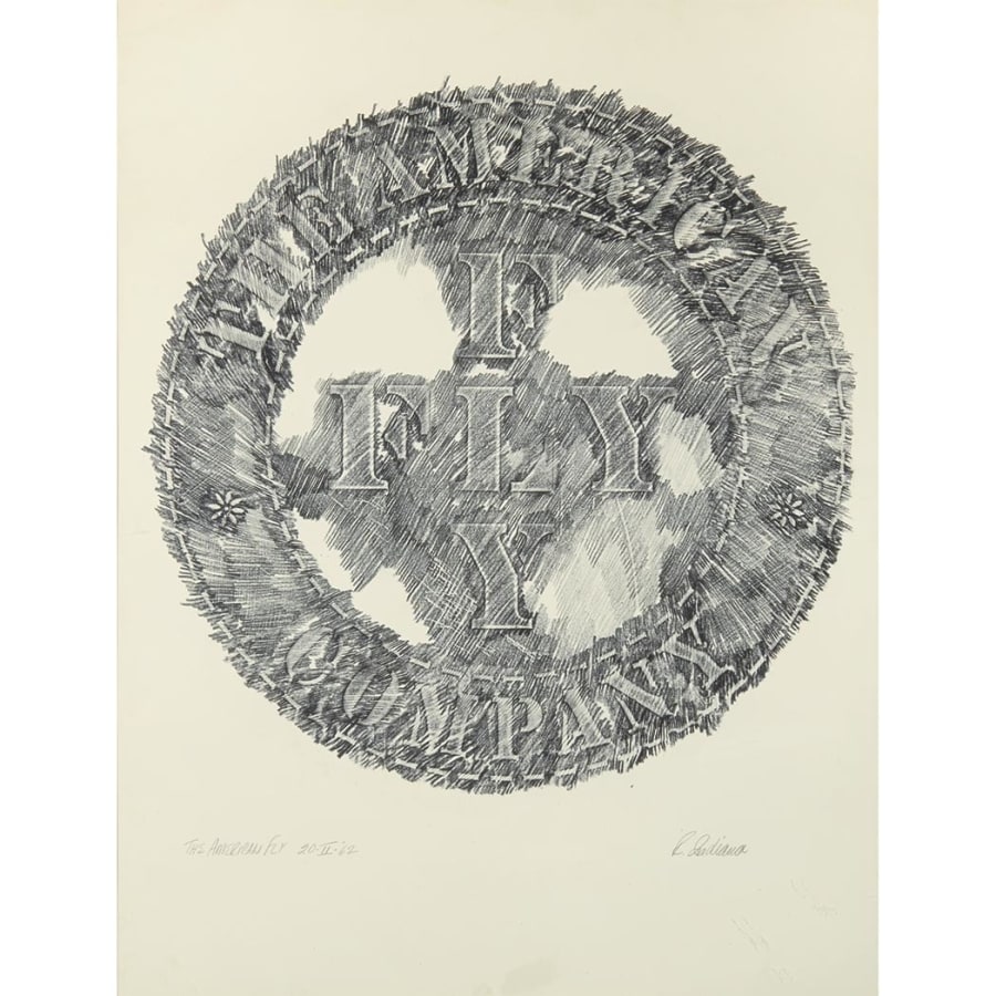 American Fly is a 25 1/4 by 19 1/8 inch rubbing consisting of a circle with the world "fly" appearing twice in a cruciform arrangement. This is surrounded by ring containing the words "The American" in the upper half and "company" in the lower half.