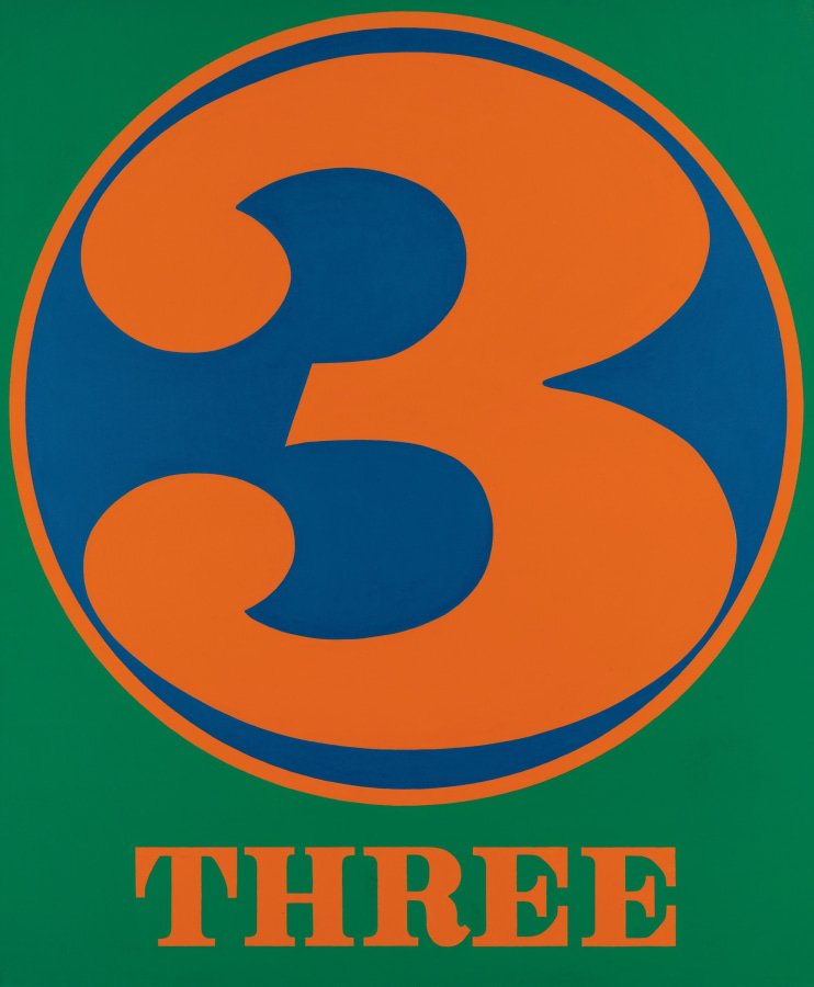 A 60 by 50 inch green canvas dominated by an orange numeral three within a blue circle with an orange outline. Below the circe the painting's title, "Three," is painted in orange letters.
