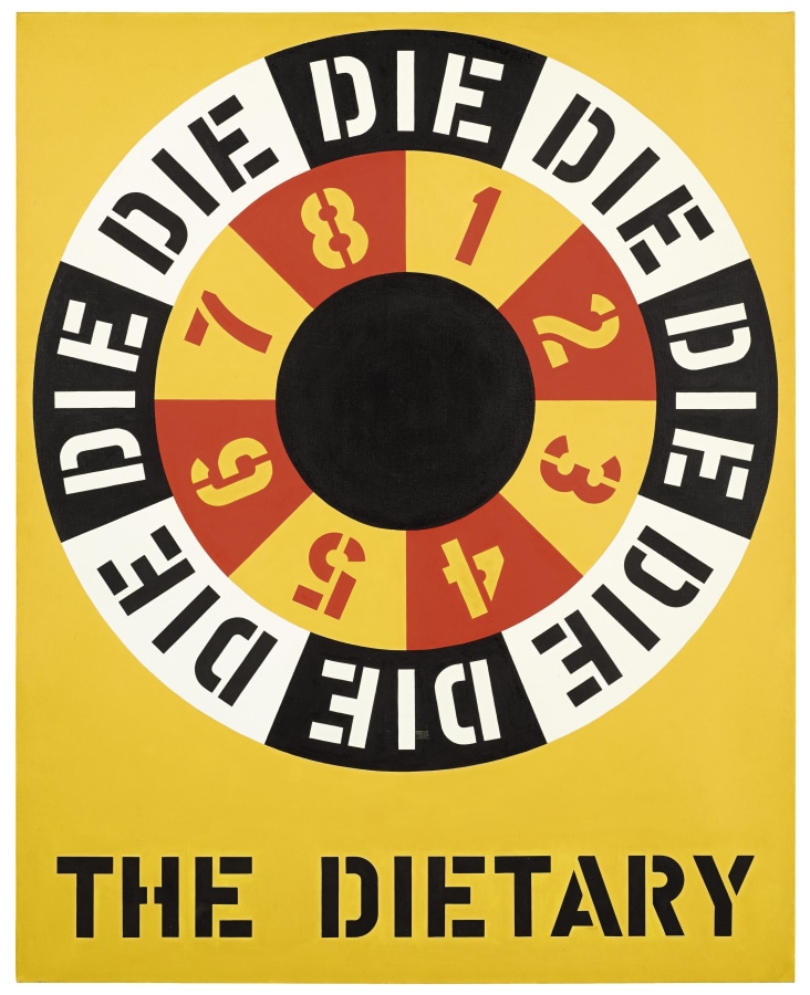 A painting consisting of a large circular design and text against a yellow ground. The work's title, "The Dietary," appears in black stenciled letters across the bottom of the canvas. Above this is a black circle surrounded by a ring containing the numerals one through eight alternating between red against a yellow ground and yellow against a red ground. This is surrounded by a ring containing the word DIE, painted in stenciled letters eight times, alternating between black letters against a white background and white letters against a black background.