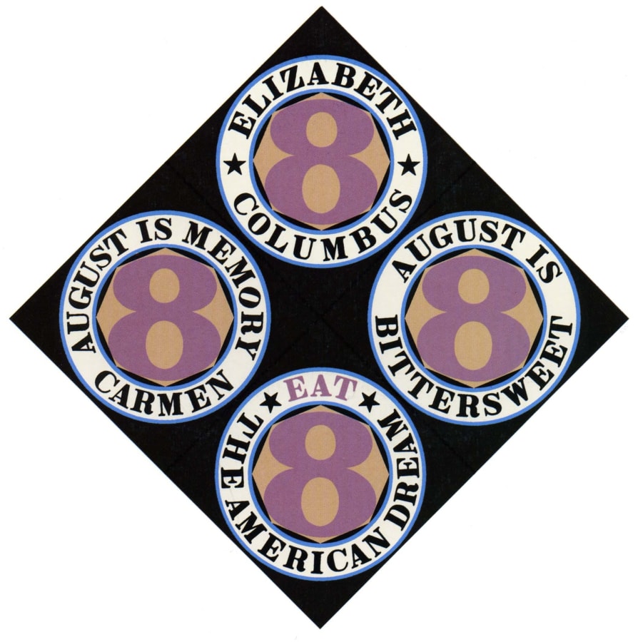 A diamond shaped painting made up of four panels, each with a black ground and dominated by a circle containing a light brown octagon. Within the octagon is a dusty purple numeral eight, and surrounding the octagon is a white ring with blue outlines containing black text. The text in the upper panel reads "Elizabeth Columbus", with two black stars separating the words. The text in the right panel reads "August is bittersweet." The word Eat, with a black star to each side, appears in the upper part of the ring of the bottom panel; the rest of the ring contains the text "The American Dream" painted in black. The text in the left panel reads "August Is Memory Carmen."