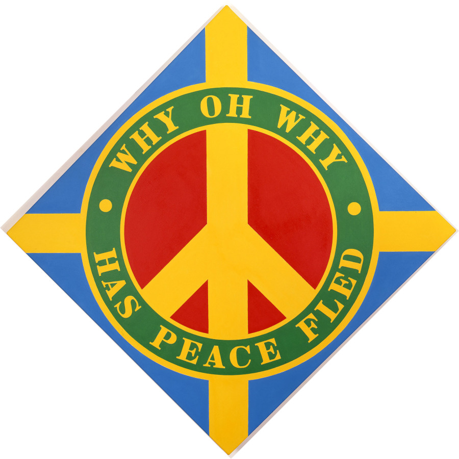 A 50 1/2 by 50 1/2 diamond shaped blue painting with a yellow peace sign in a red circle. The ring around the peace sign is green with a yellow inner and outer outline. In it the work's title, "Why Oh Why Has Peace Fled," is painted in yellow letters. "Why Oh Why" appears on the top half, and "Has Peace Fled" appears on the bottom half. A small yellow circle has been painted to the side of each "why." Yellow rectangular bands of paint go from the outer edge of the circle to each corner of the triangle.