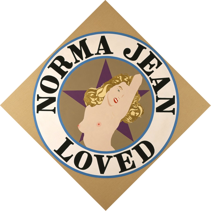 A diamond shaped painting with a light brown ground. In the center is a topless image of Monroe against a purple star in a light brown circle. Surrounding the circle is a white ring with a blue outlines, containing the painting's title, "Norma Jean Loved" painted in black. 